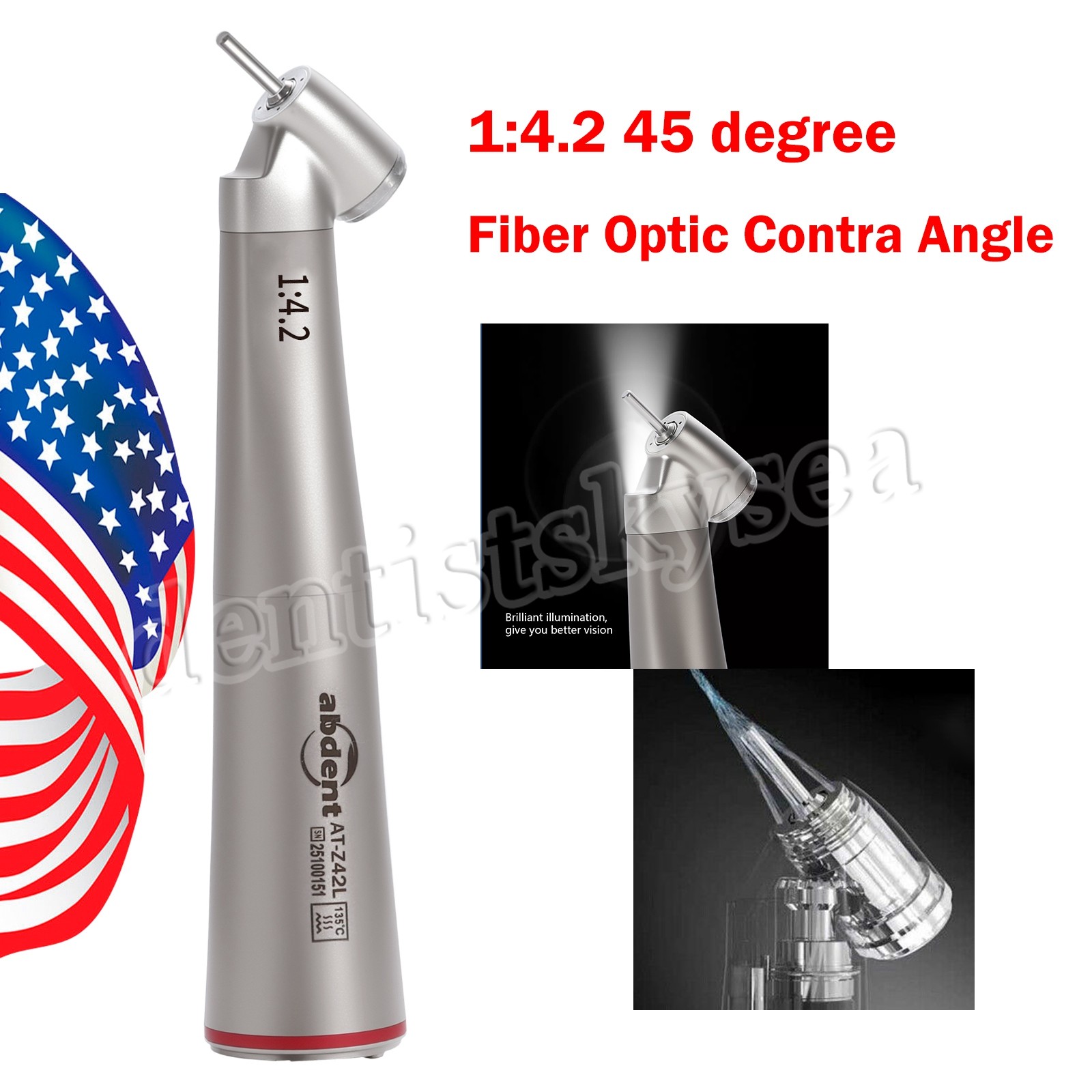 abdent 45° Angle Head Contra Angle LED Optic 1:4.2 Handpiece Inner Water Spray
