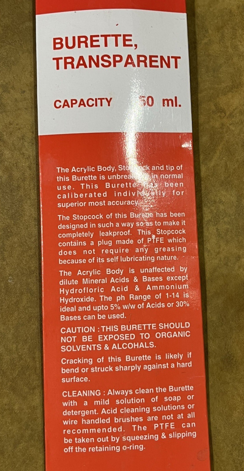 Acrylic Burette, 50mL – Class B – PTFE Stopcock – 0.1mL Grad. – w/ 3 Beakers