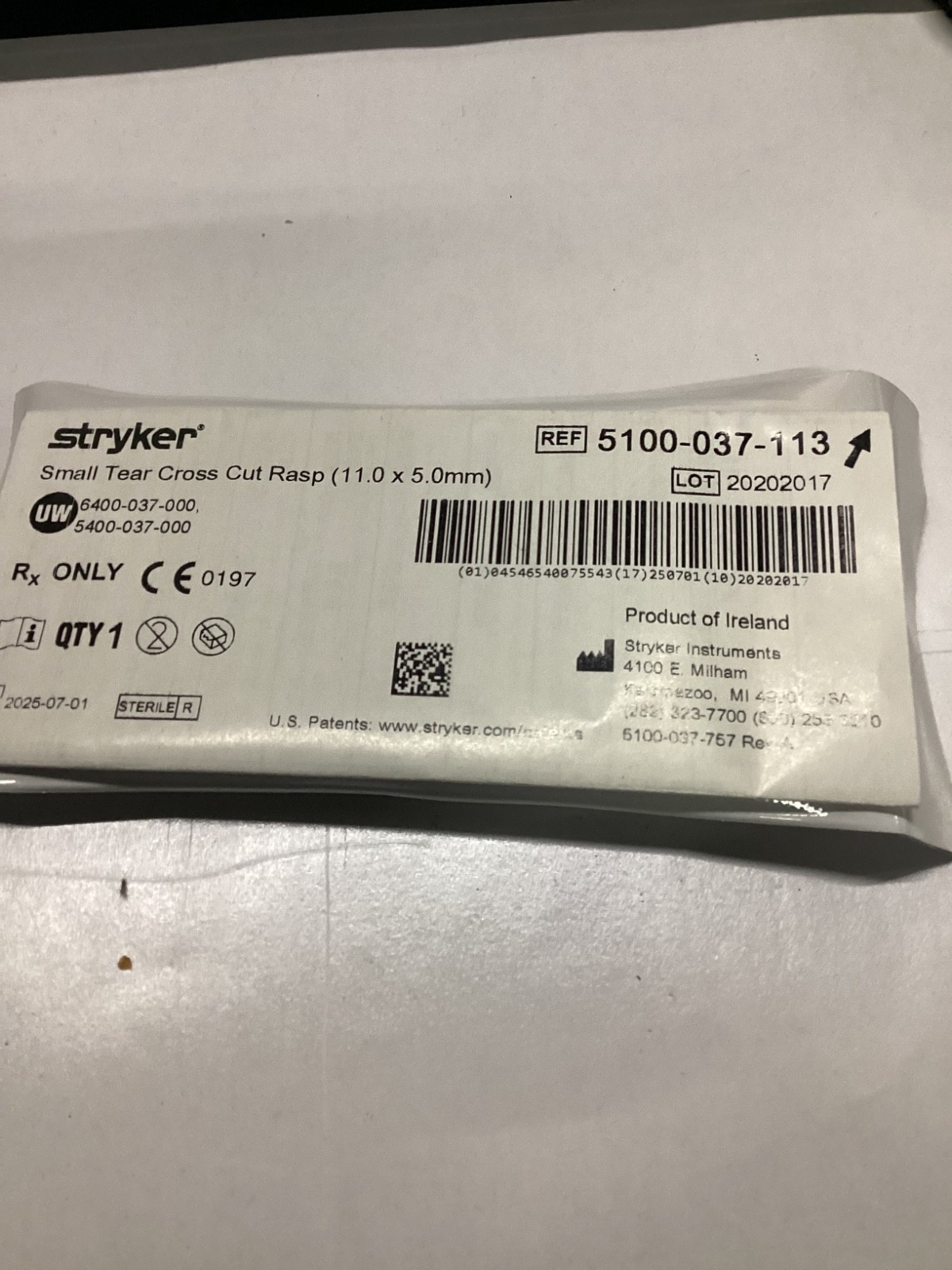 Stryker Small Tear Cross Cut Rasp (11.0 x 5.0mm) 5100-037-113 #(3D12G)