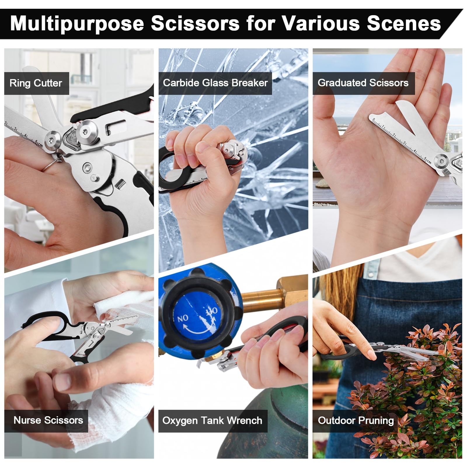 6 In 1 Multi-function Trauma Shears With Holster, Stainless Steel Foldable Re…