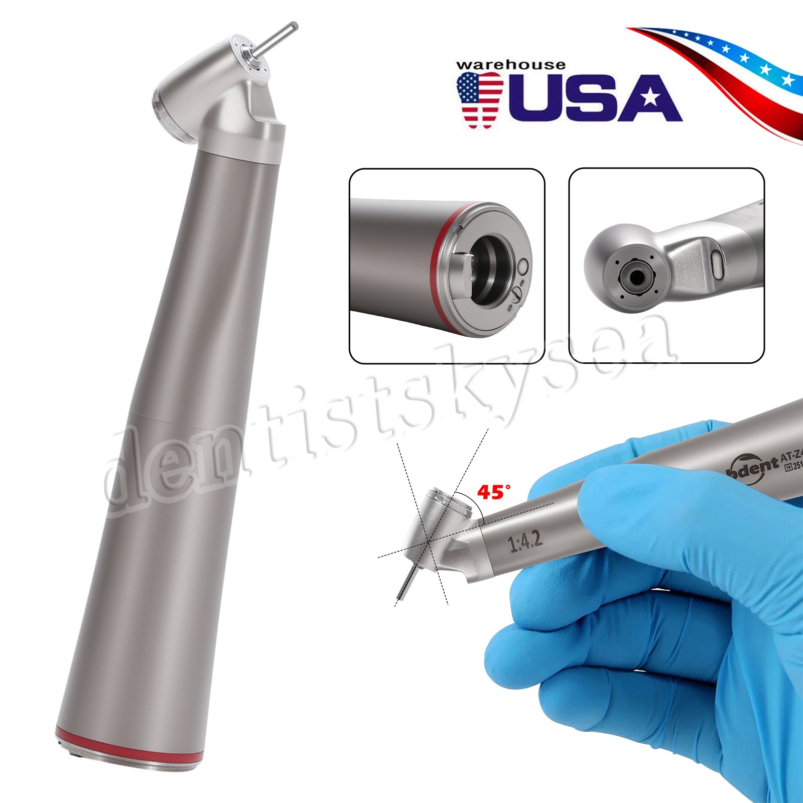 abdent 45° Angle Head Contra Angle LED Optic 1:4.2 Handpiece Inner Water Spray