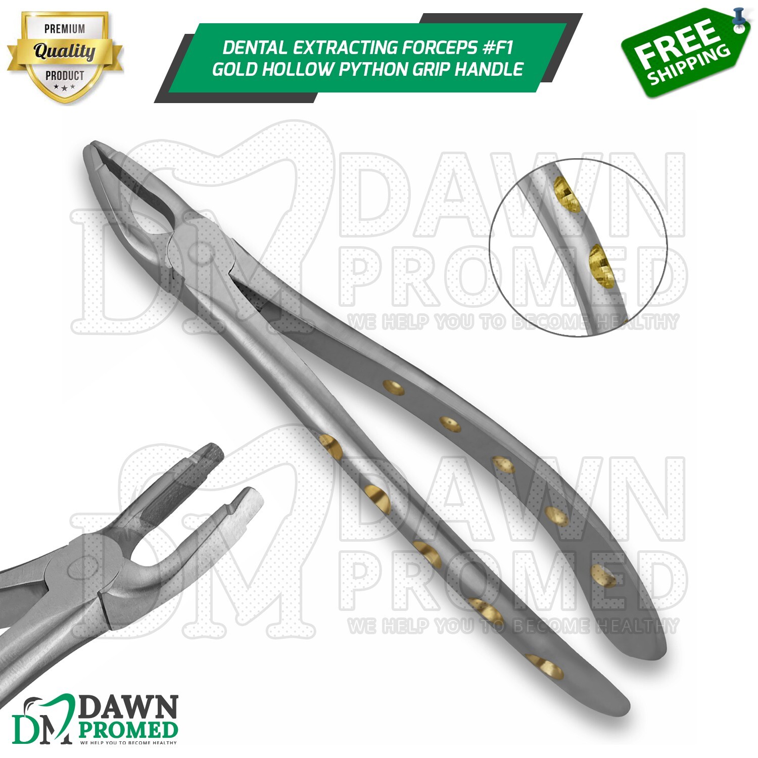 Dental Extracting Forceps #F1 Gold Hollow Python Grip Handle German Grade