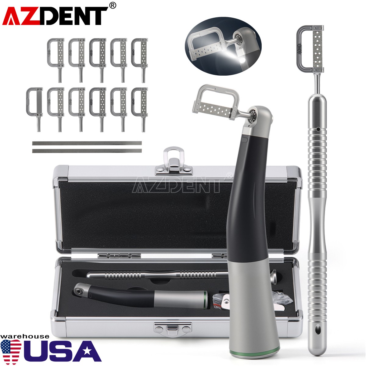 AZ Dental 4:1 Fiber Optic LED Contra Angle Interproximal IPR Handpiece & Strips