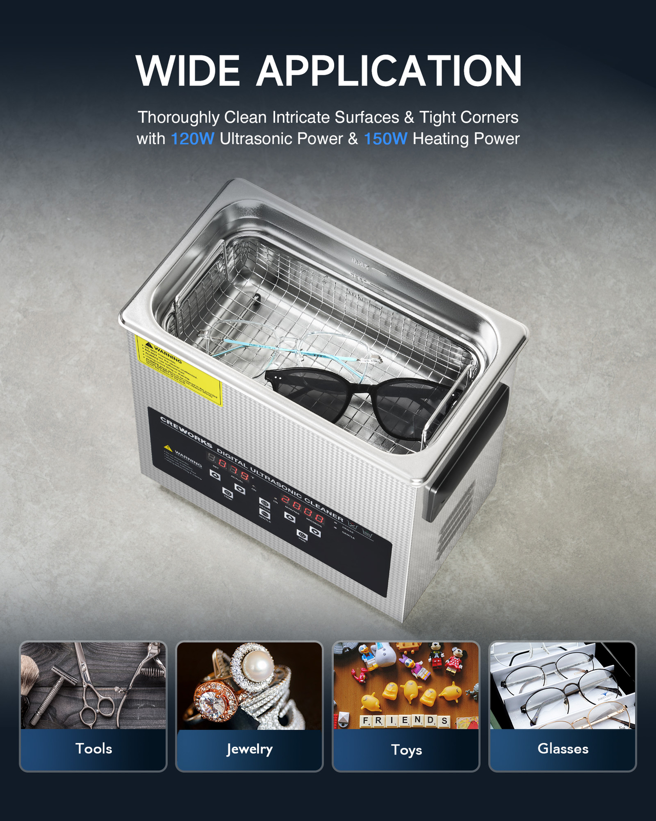 CREWORKS 3L Ultrasonic Cleaner with Control Panel 1-30 min. Timer & Degas Mode