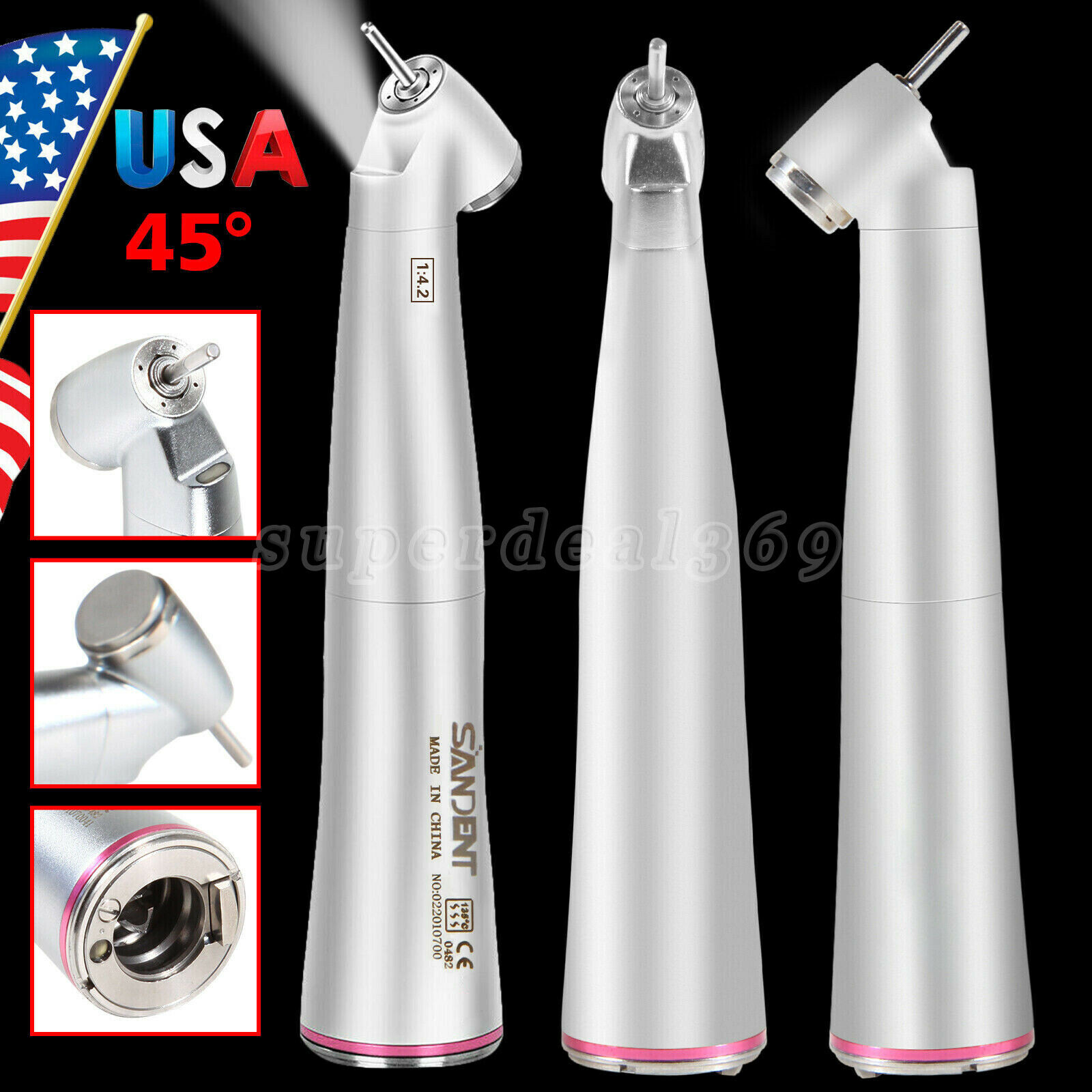 45° Angle Head Dental 1:4.2 Increasing LED Optic Contra Angle handpiece Inner US