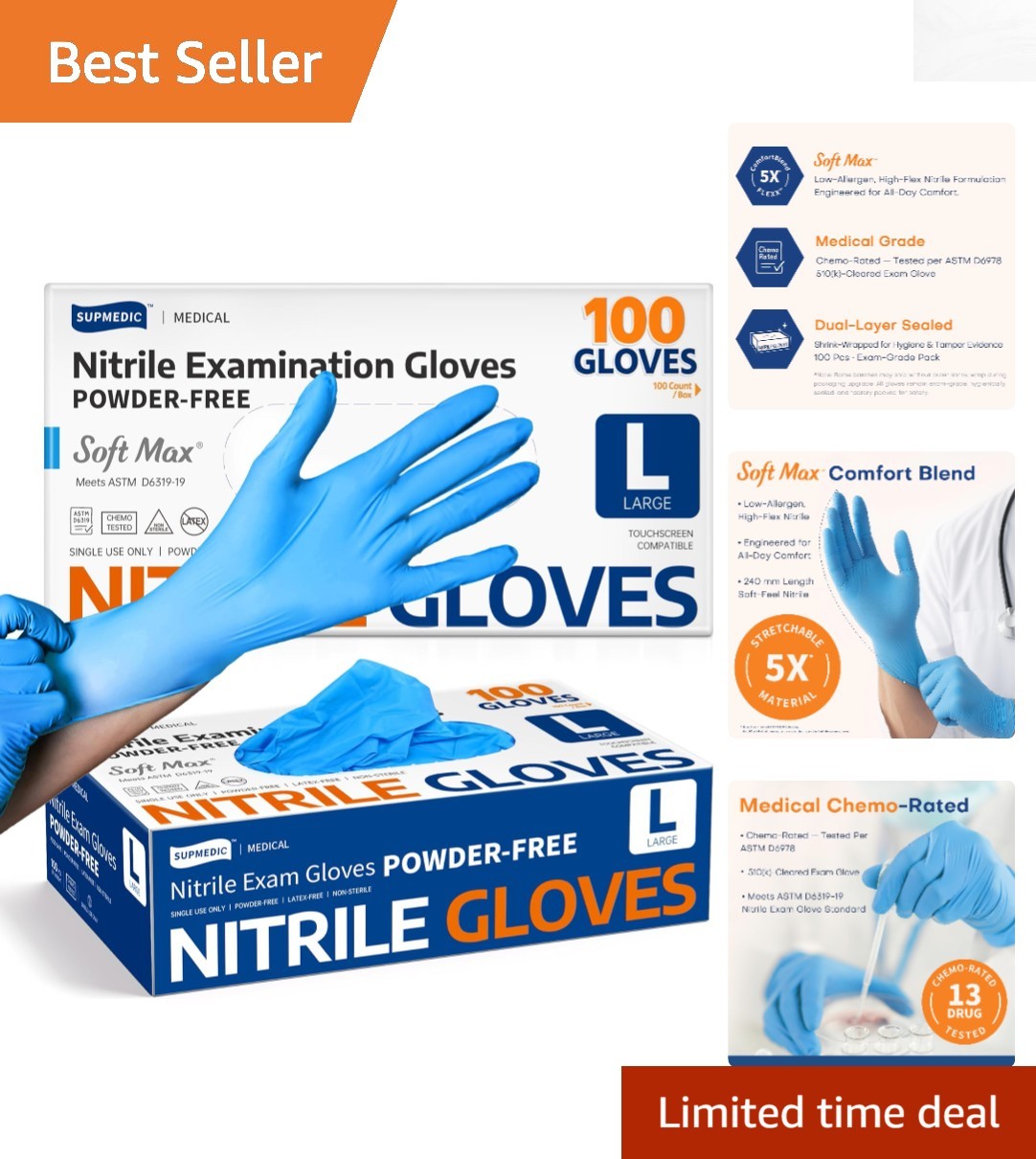 Large Nitrile Exam Gloves 100 ct – Allergy Safe, Disposable, Waterproof, Blue