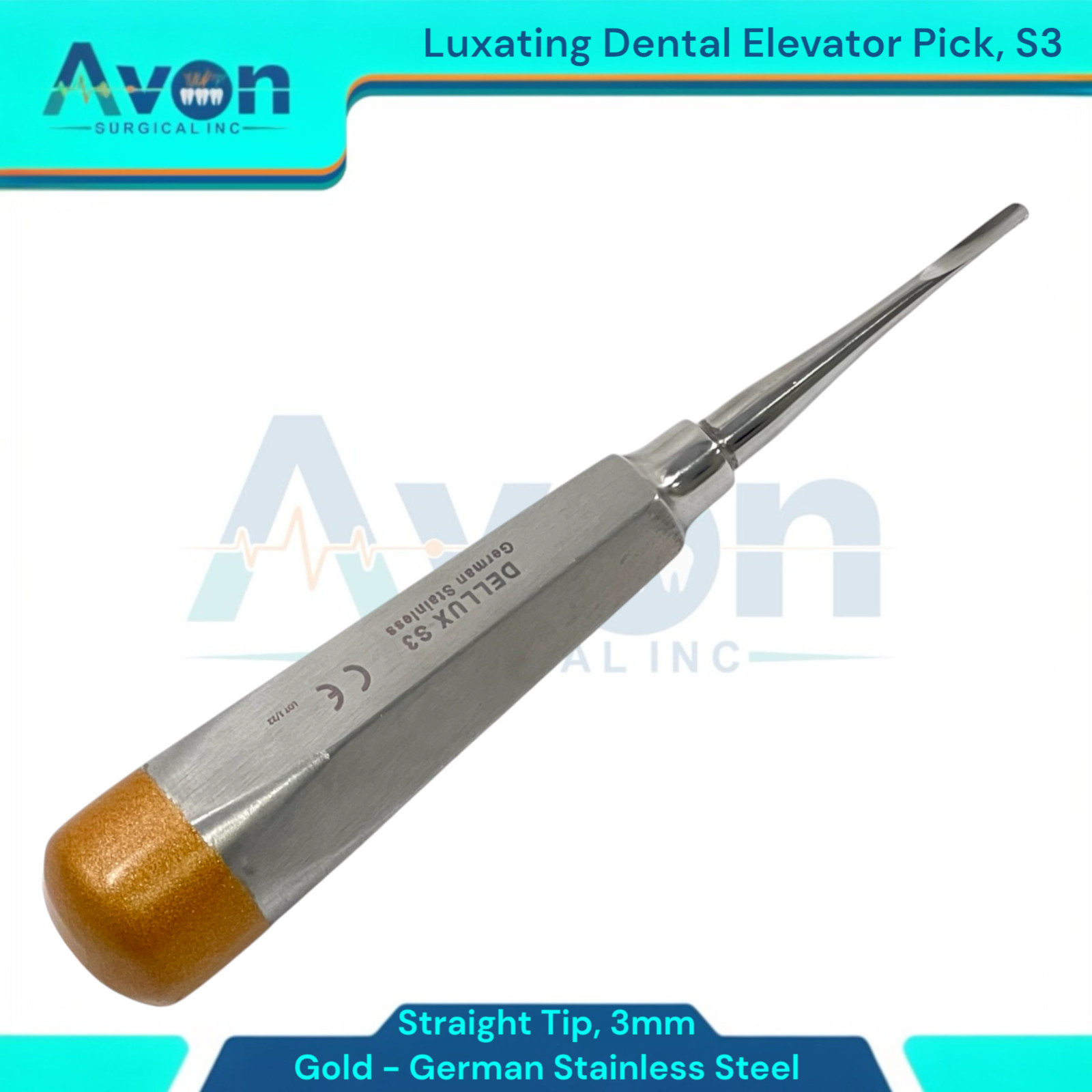 Apical Tooth Root Pick Elevator, 3mm Straight, Gold Color, Autoclave-Safe