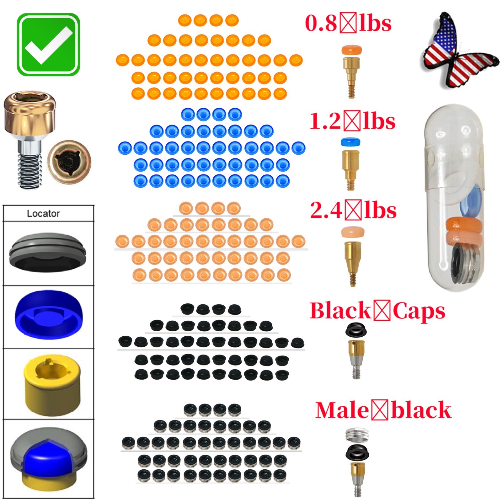 US Locator Overdenture Male Caps PEEK Retention Inserts Lab Housing 20pcs/set
