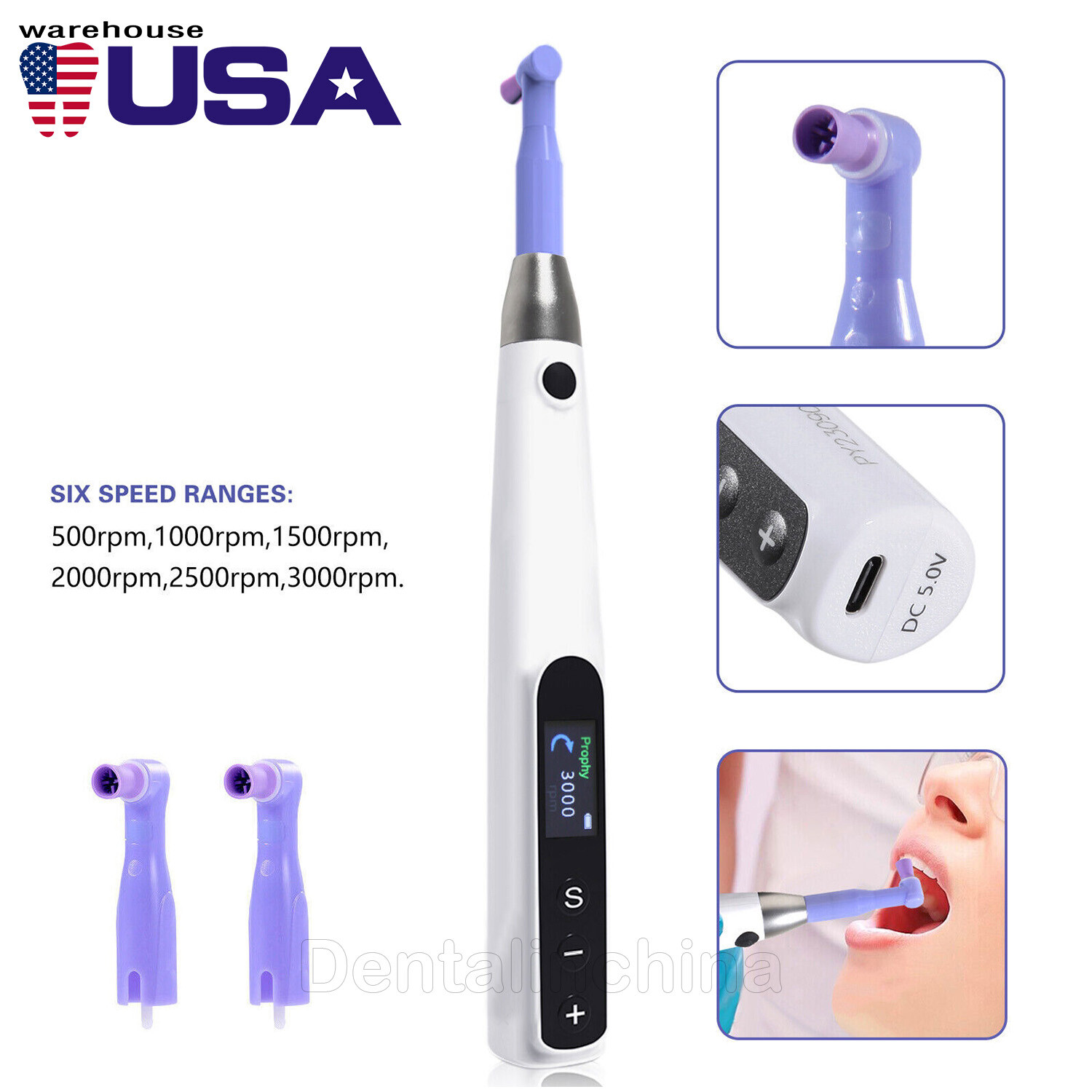 Dental Cordless Hygiene Prophy Handpiece 6 Speed Settings Prophy Angle 100V-240V