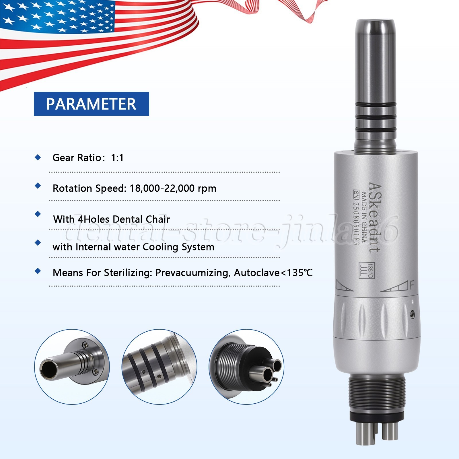ASkeadnt Dental Inner Channel Slow Low Speed Air Motor Handpiece 4 Holes E-type