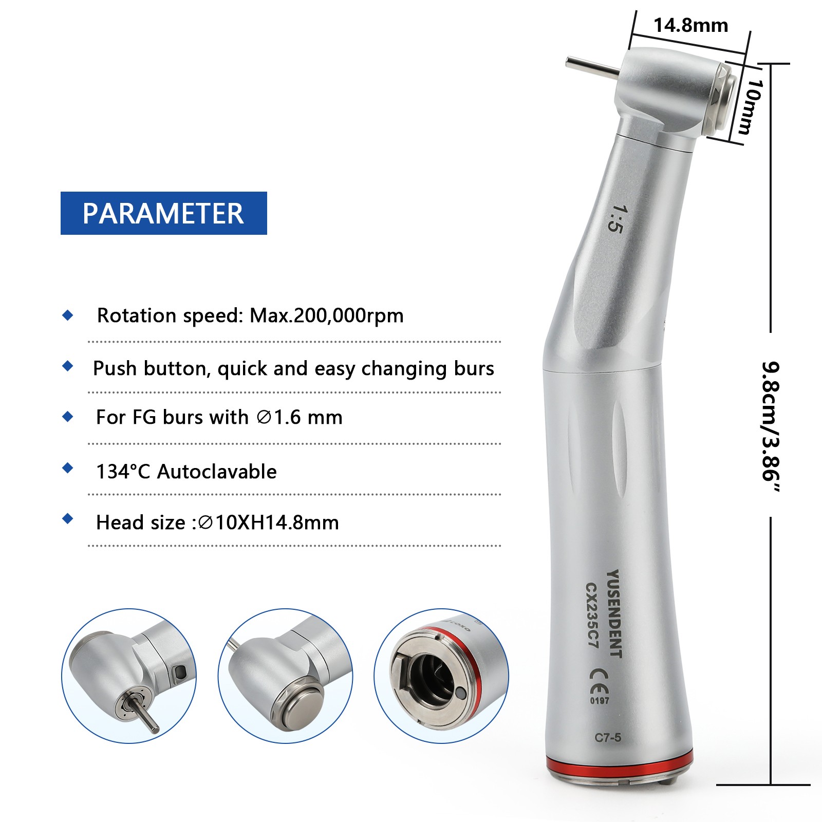 1-10*COXO CX235C7-5 Dental Fiber Optic LED 1:5 Contra Angle Handpiece F/Kavo NSK