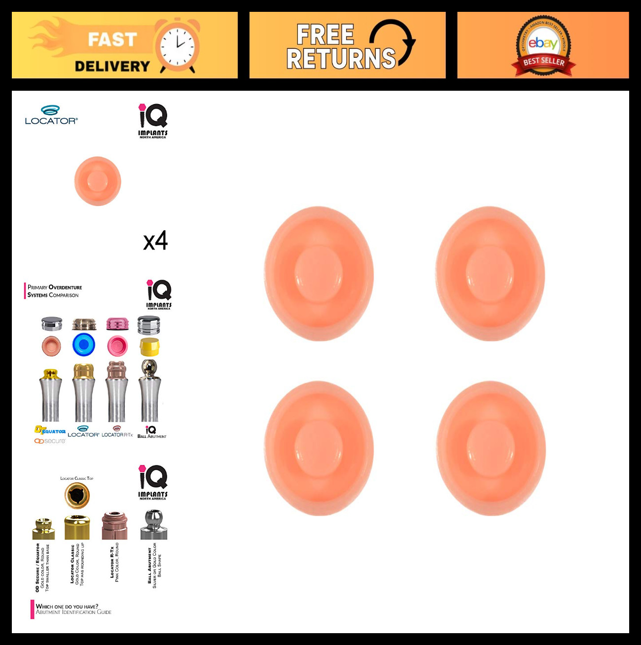Replacement Male Retention Inserts Caps for IQ Implants – Standard, Light, Pink
