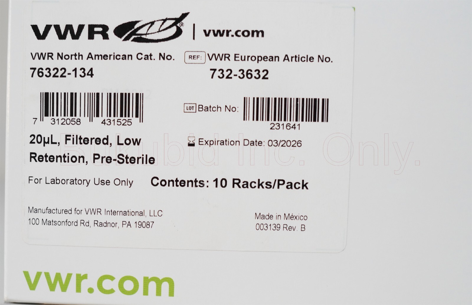 New VWR 76322-134 Universal Pipet Tips 20µl 10 Racks Pack EXP 03/2026