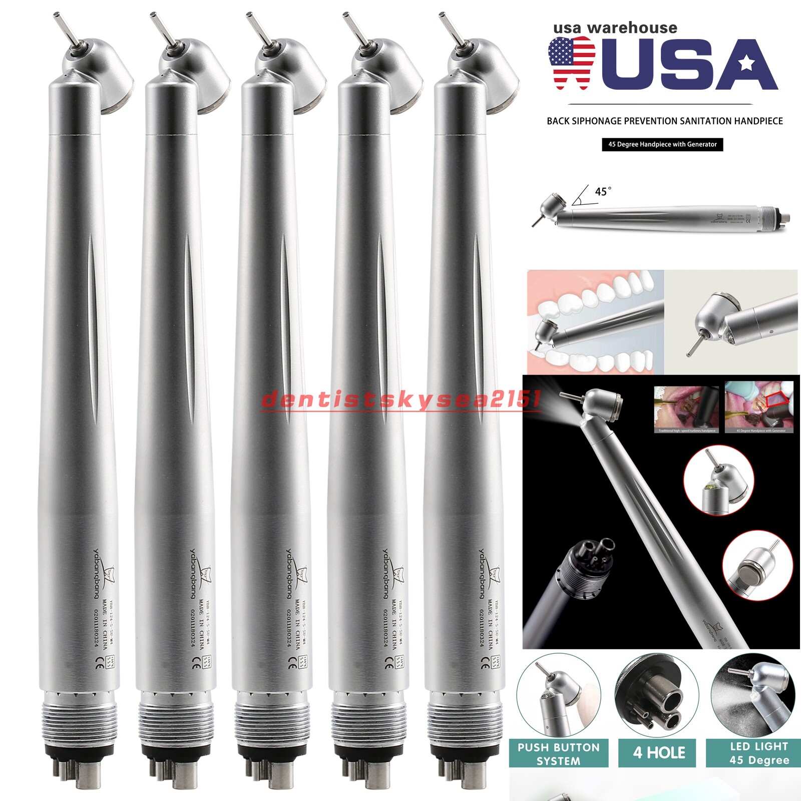 Dental 45 Degree Surgical High Speed Handpiece Push Button 4Hole yabangbang WCA4