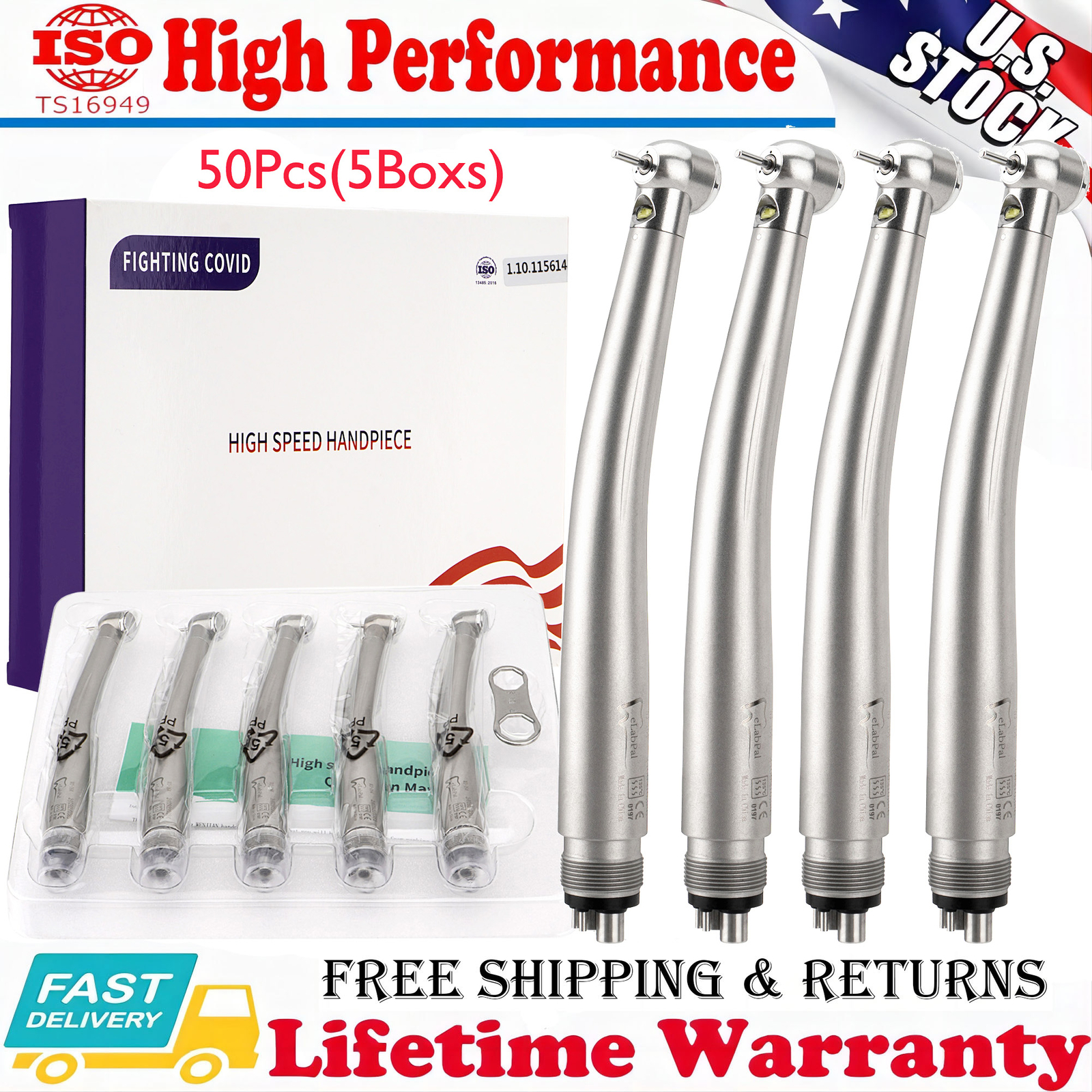 50Pcs eLabPal Dental LED E-generator High Speed Handpiece Push Button 4Holes