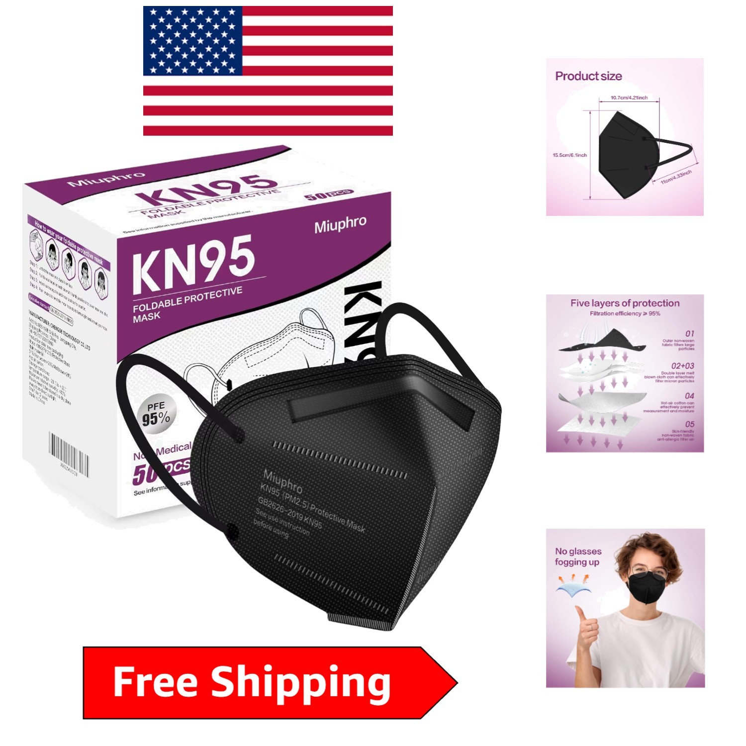 Unisex Adult 50 Pack KN95 Safety Masks – Lightweight 5-Layer Filtration