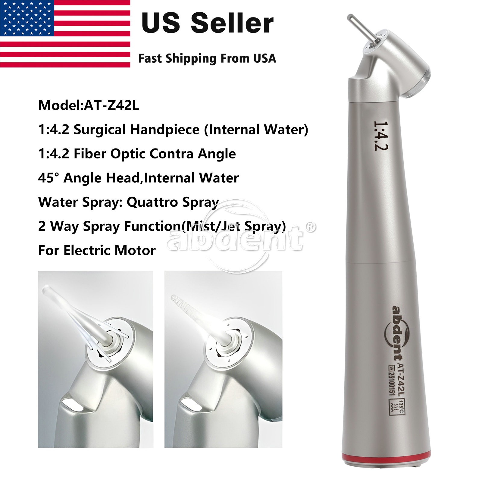 45° Electric Contra Angle LED Optic 1:4.2 Handpiece Quattro Spray abdent