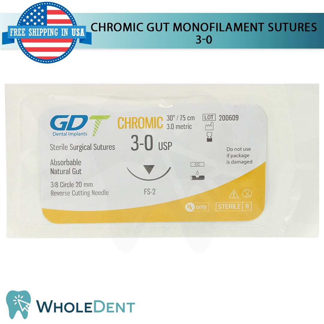 Chromic Sut ure Sewing Thread 3/8 Circle Reverse Sterile 3-0 USP 12pcs/Box 75cm