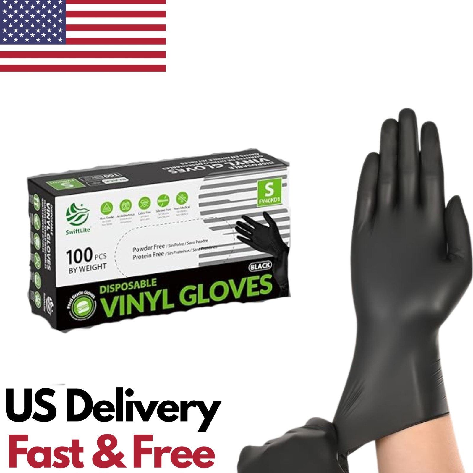 100 Disposable Black Vinyl Gloves Latex Free Powder Free Food Prep