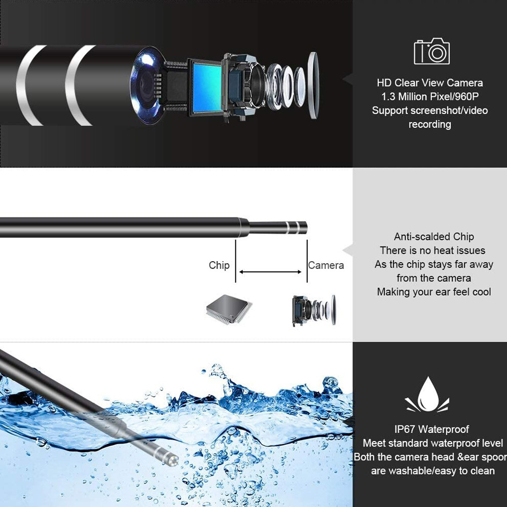 HD Ear Endoscope Otoscope LED Camera Tool Cleaning Wax Pick Cleaner Removal Kit