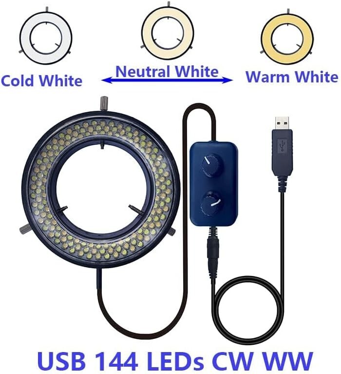 Microscope LED Ring Light Illuminator, USB 5V 144 LED Color Temperature Adjus…
