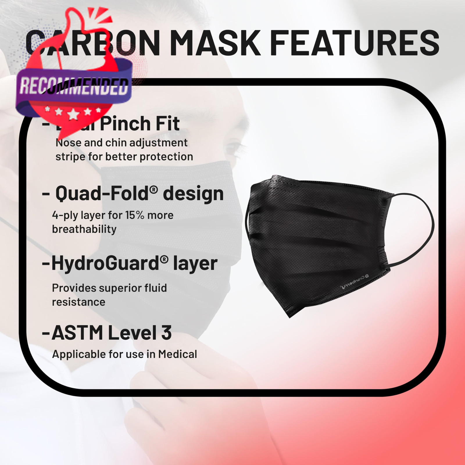 Carbon Black Disposable 4‑Ply Face Masks Elastic 50 Pack Single Unit Set