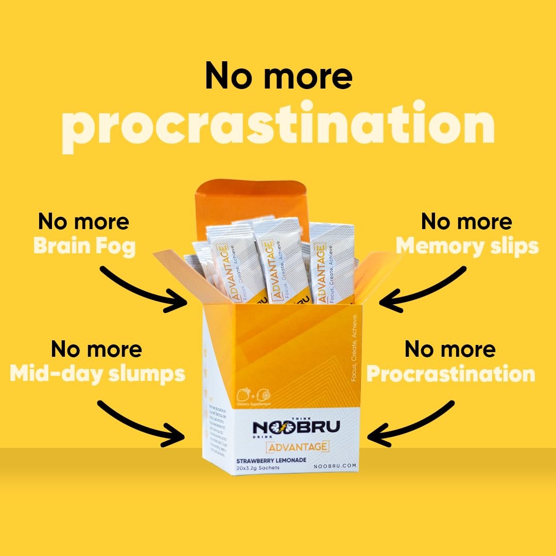 Noobru Advantage Nootropic Brain Supplement 20 Strawberry Lemonade Sachets 1 Mon