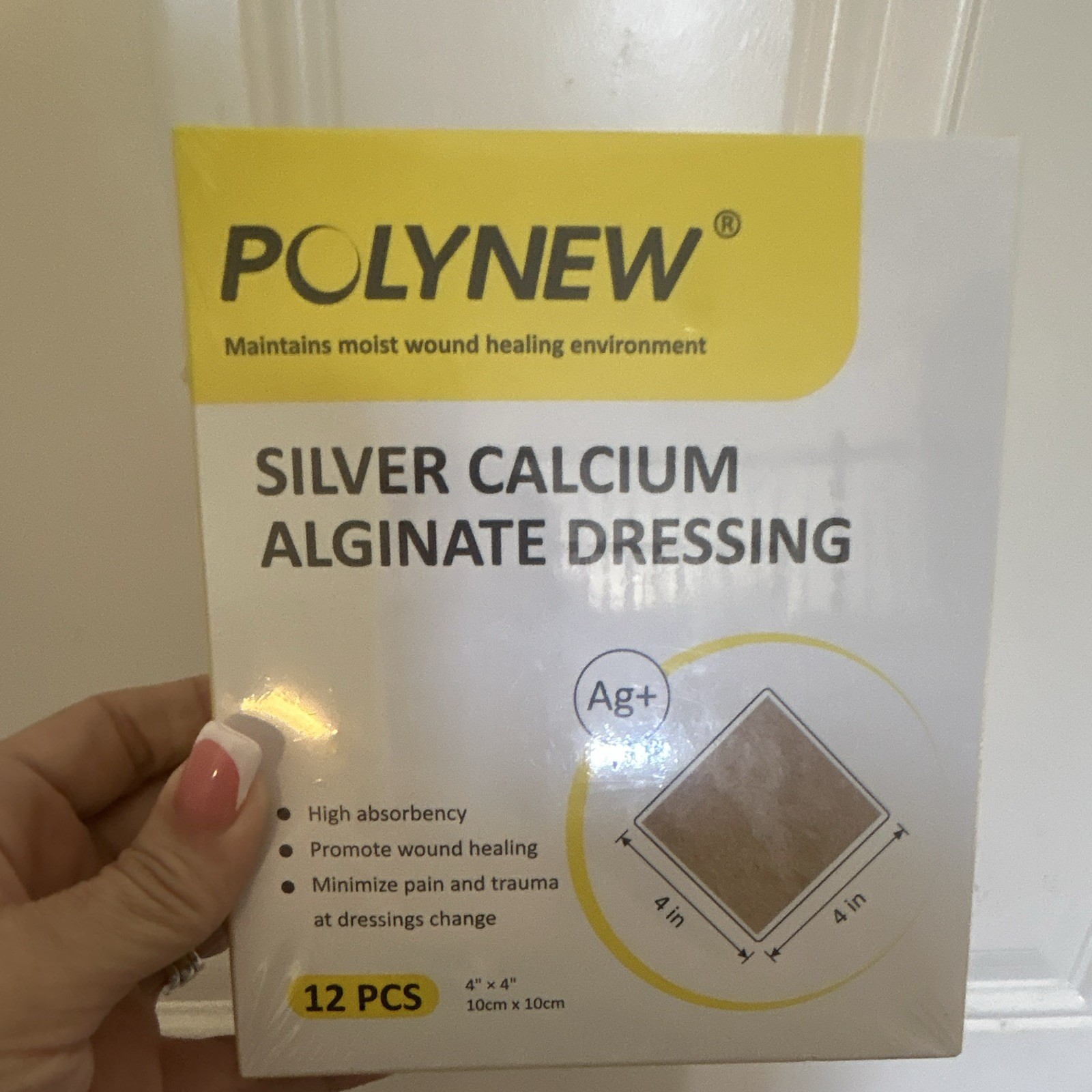 POLYNEW Silver Calcium Alginate Dressing Ag+ 4 in x 4 in Alginate, 12 Pcs