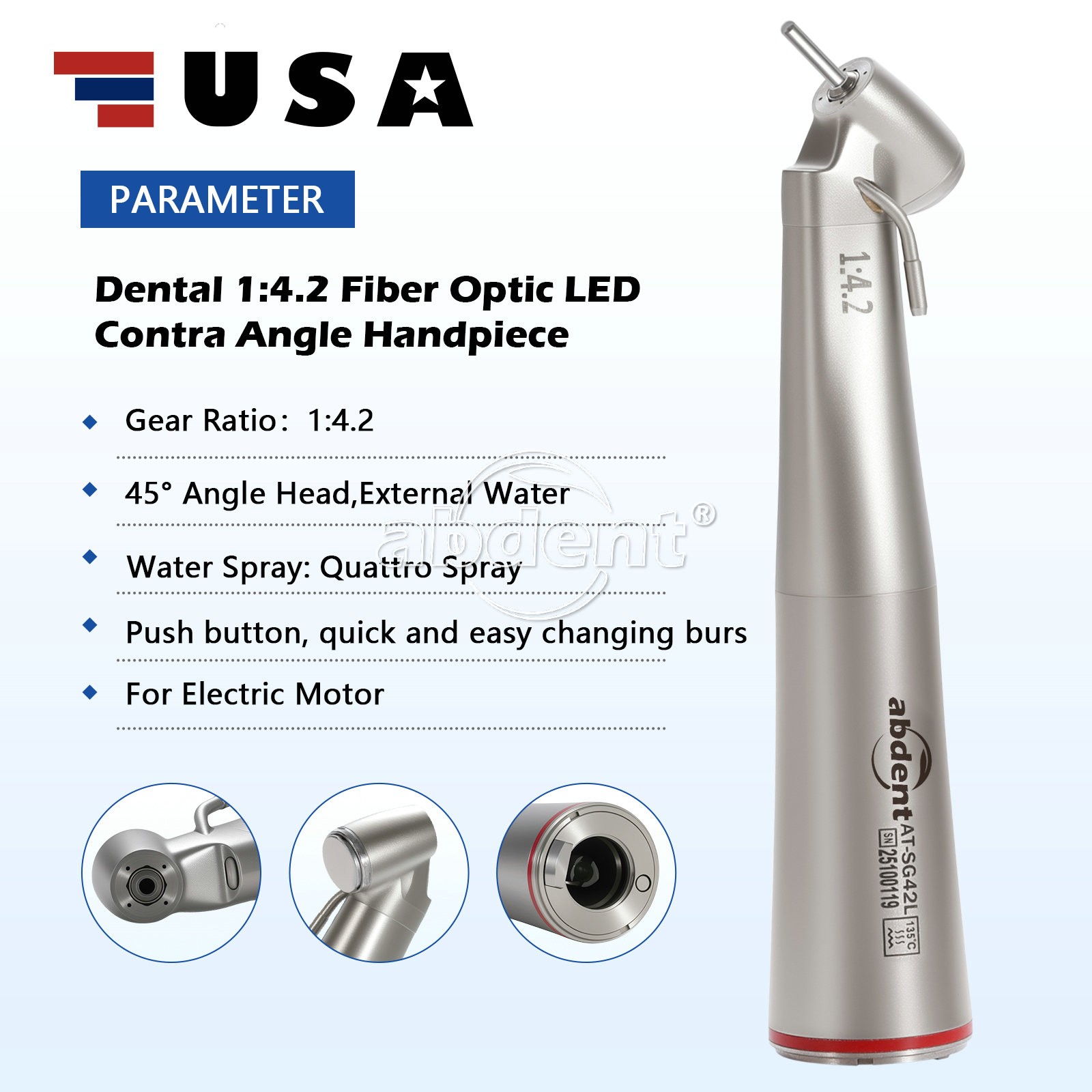 Dental 45° LED Contra Angle 1:4.2 Increasing Surgical Handpiece Quattro Spray
