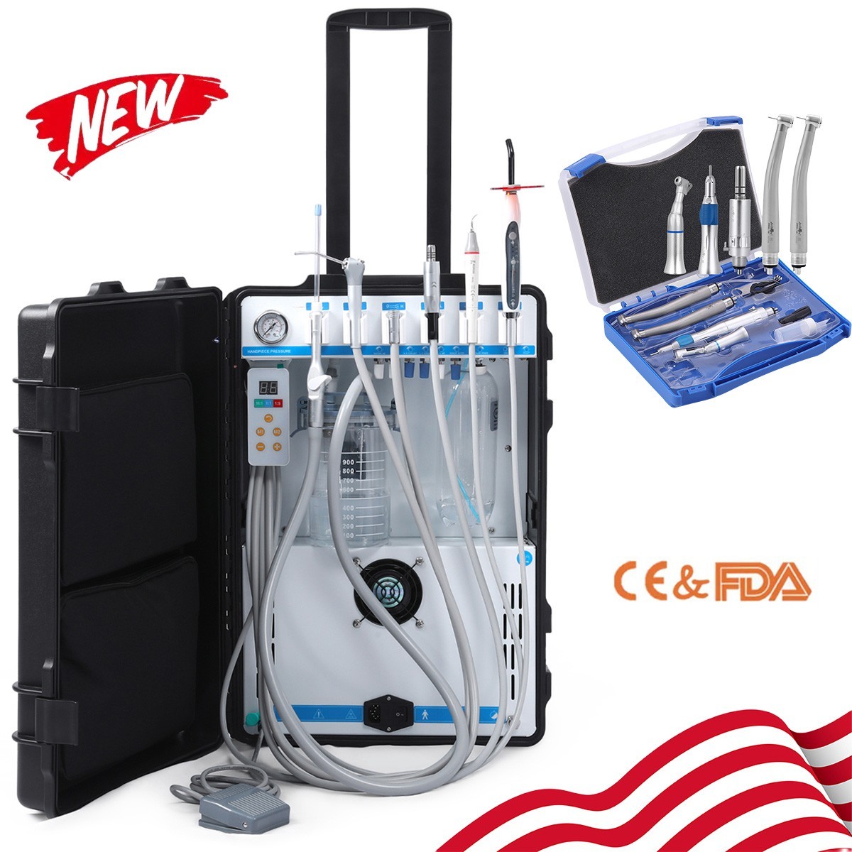 FDA Portable Dental Unit Cart Air Compressor Scaler Curing Light+Handpiece set