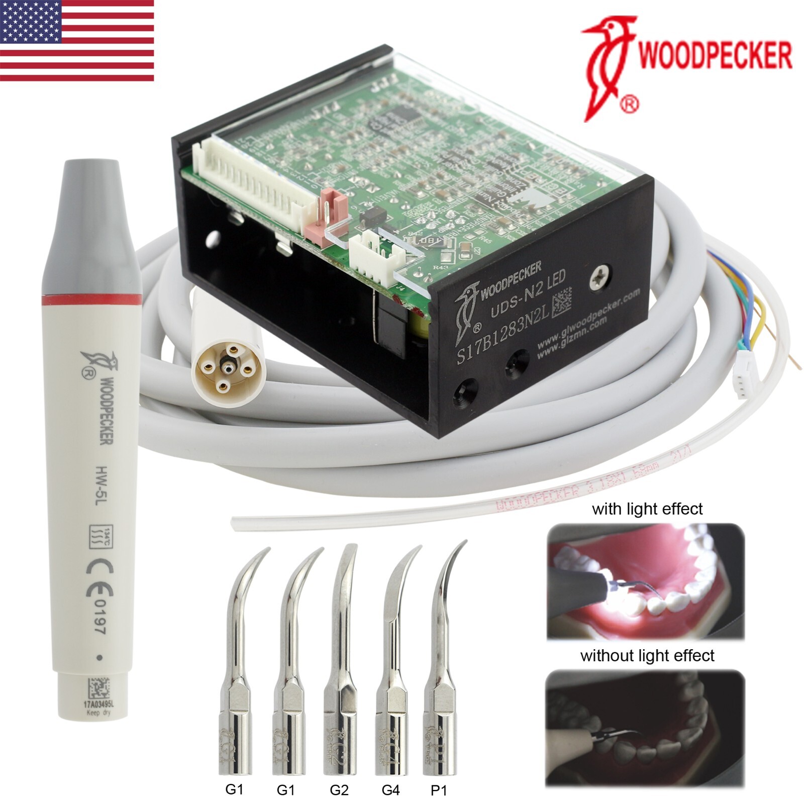 Woodpecker UDS-N2 LED Dental Ultrasonic Scaler Handpiece Piezo Tips G1 P1 HW-5L