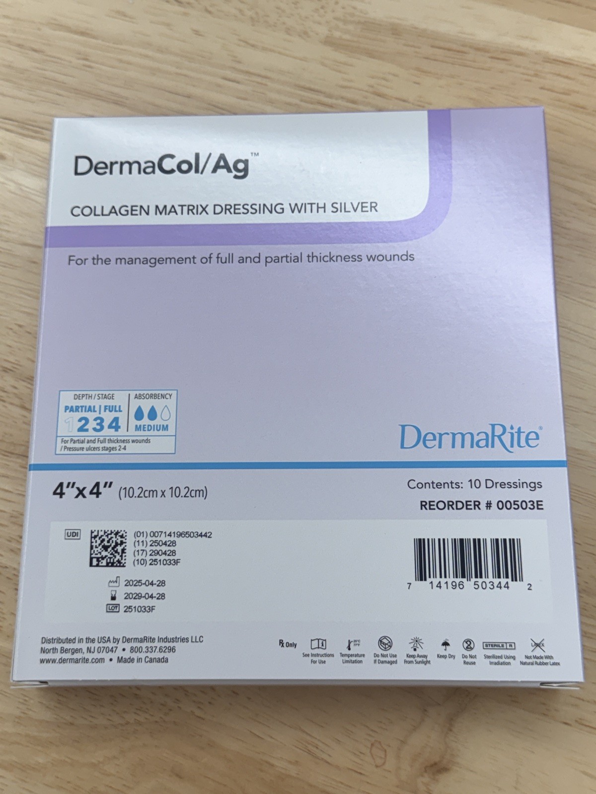 DermaRite DermaCol/Ag Collagen Dressing with Silver 4x4in 10pcs 00503E exp 4/29
