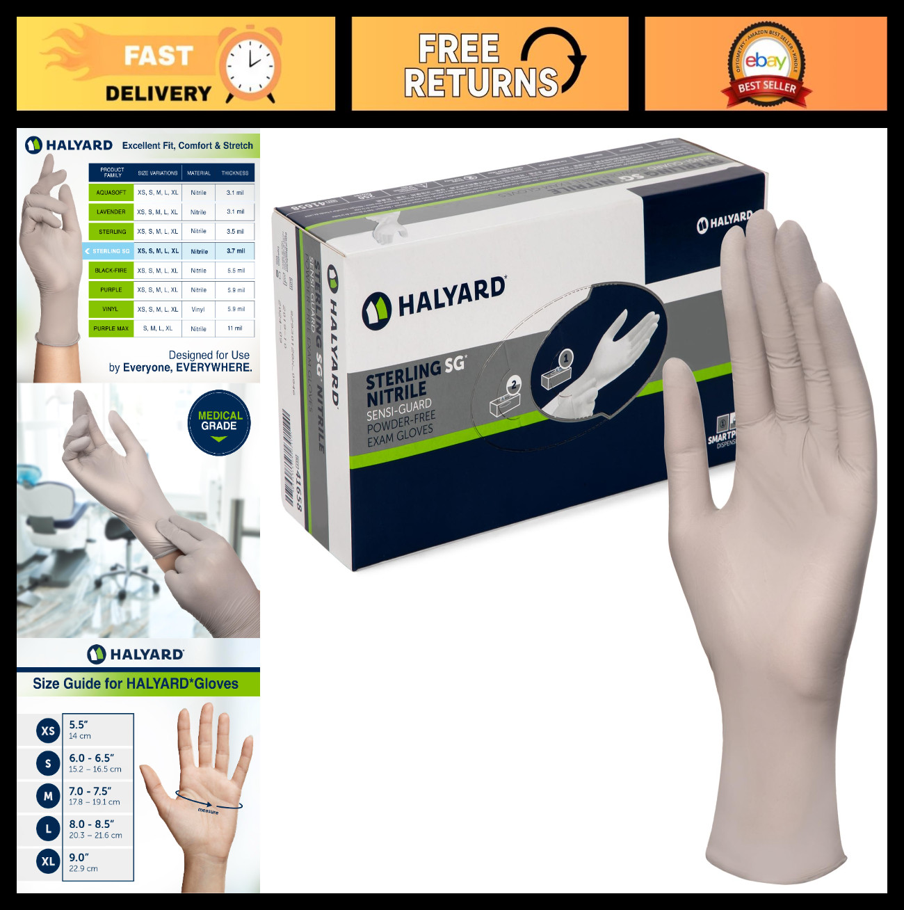 Nitrile Powder-Free Exam Gloves, 3.7 mil, 9.5″ Gray, Small, Box of 250 – Medical