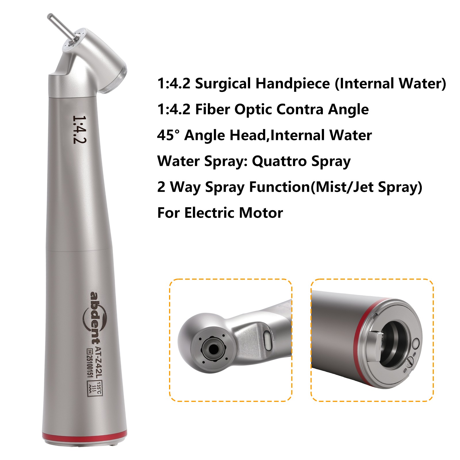 abdent 45° Electric Contra Angle LED Optic 1:4.2 Handpiece Ceramic Ball Bearing