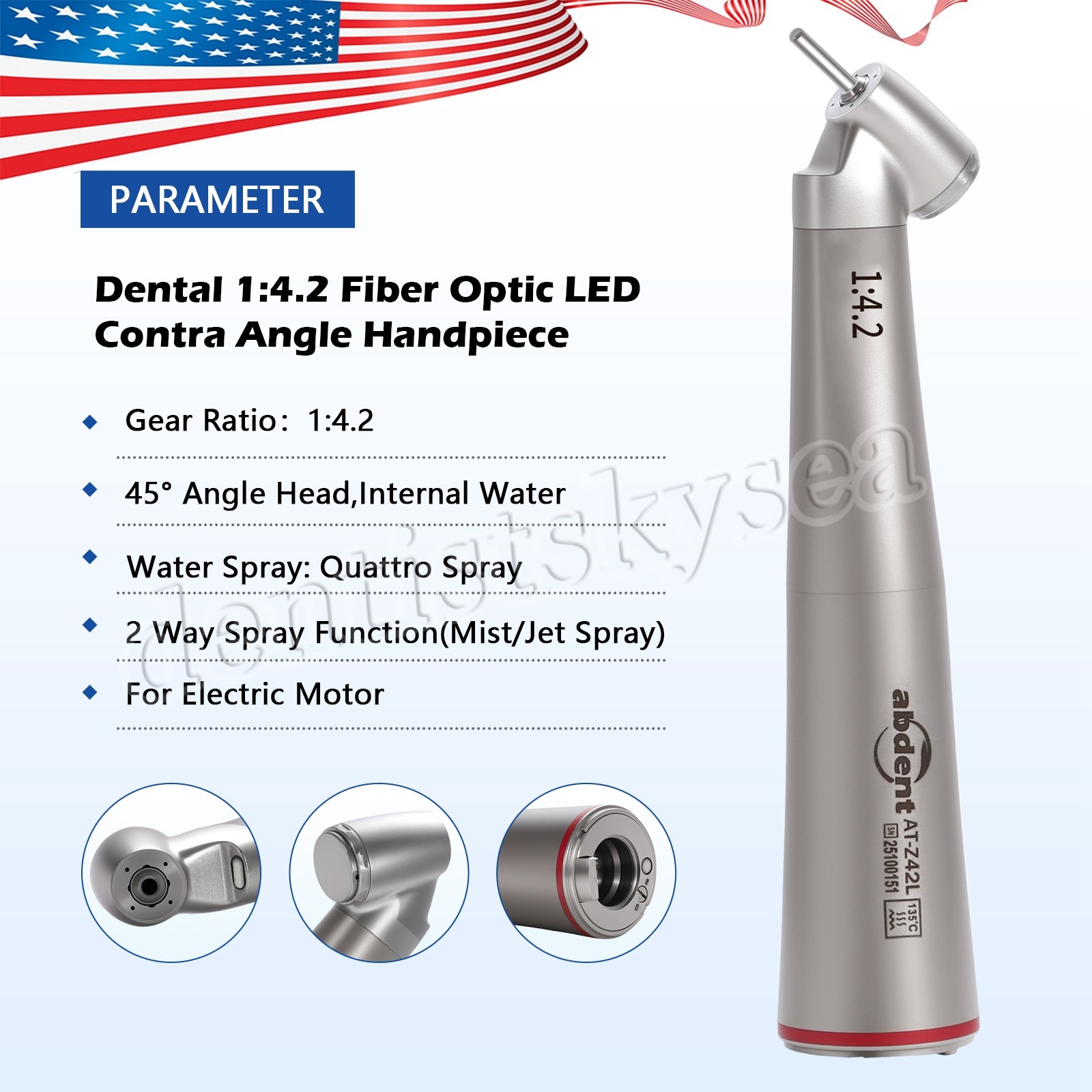 Abdent Dental 1:4.2 LED Fiber Optic Quattro Spray Contra Angle Handpiece