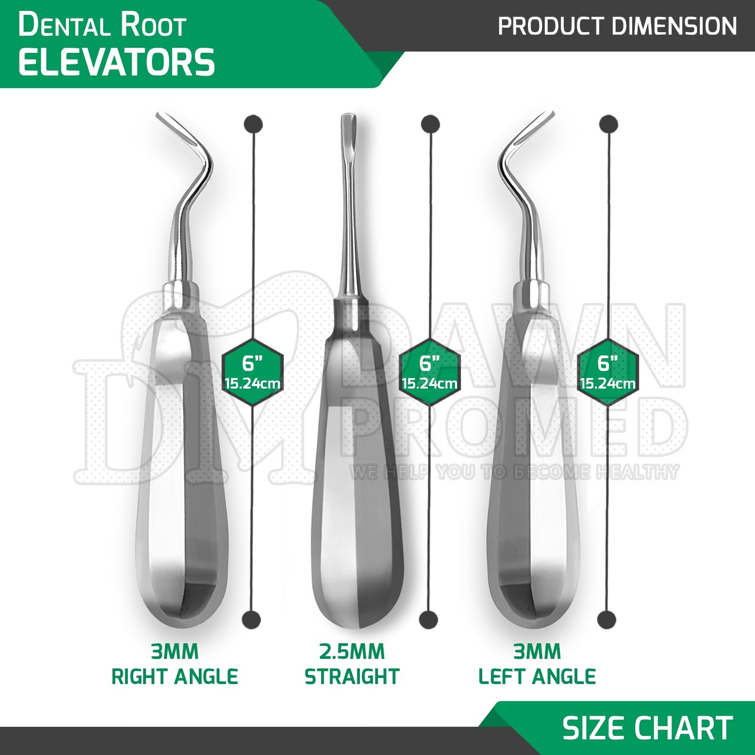 3 Pcs Apical Root Elevator 6″ #301 #302 #303 Extracting Luxating Set Dental Inst