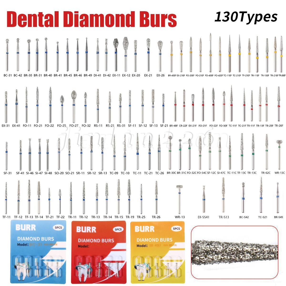 100 Types Dental FG Diamond Burs For High Speed Handpiece Friction Grip 50pcs