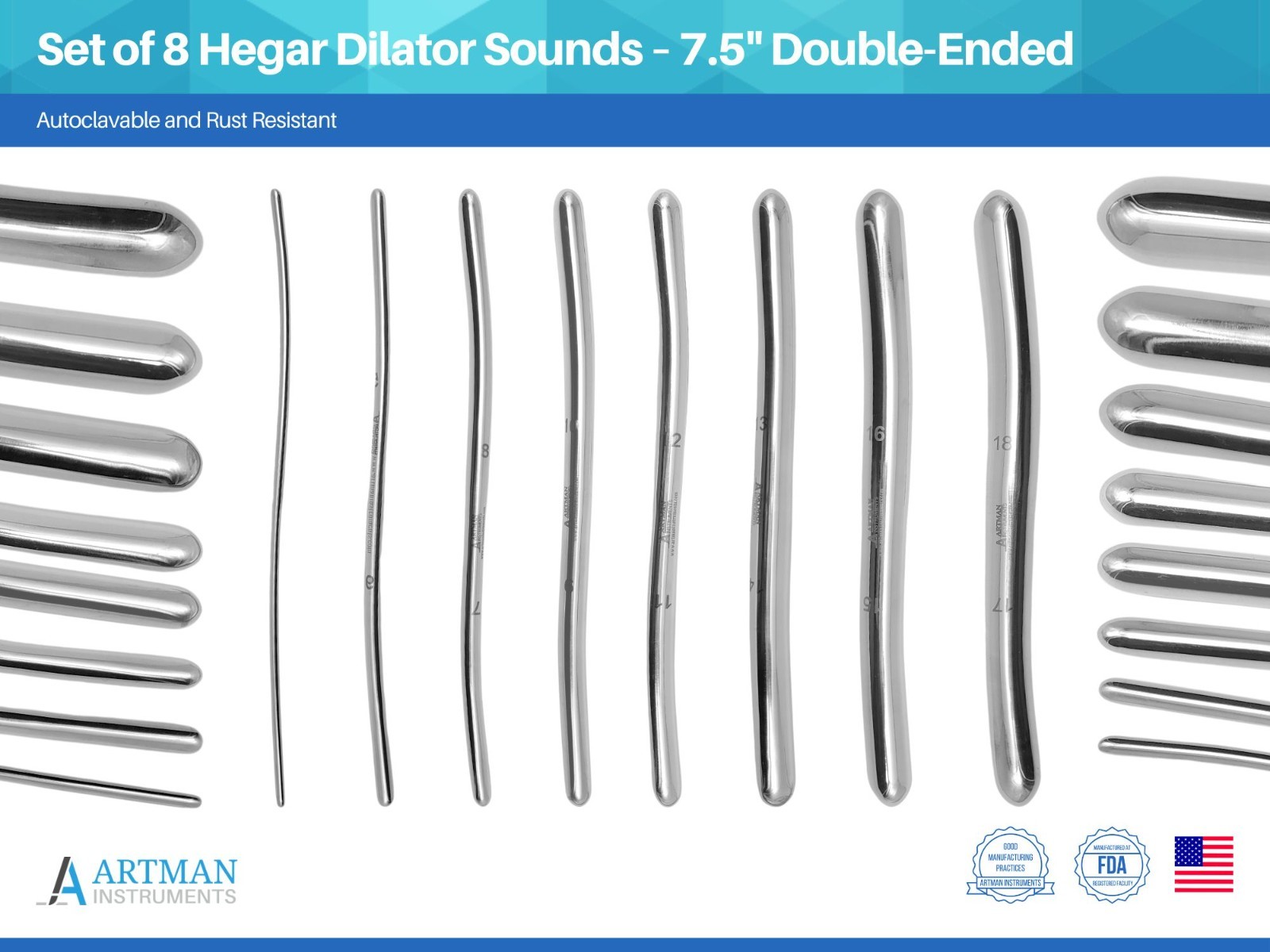 Set of 8 Hegar Dilator Sounds 7.5″ Double-Ended Stainless Dilators