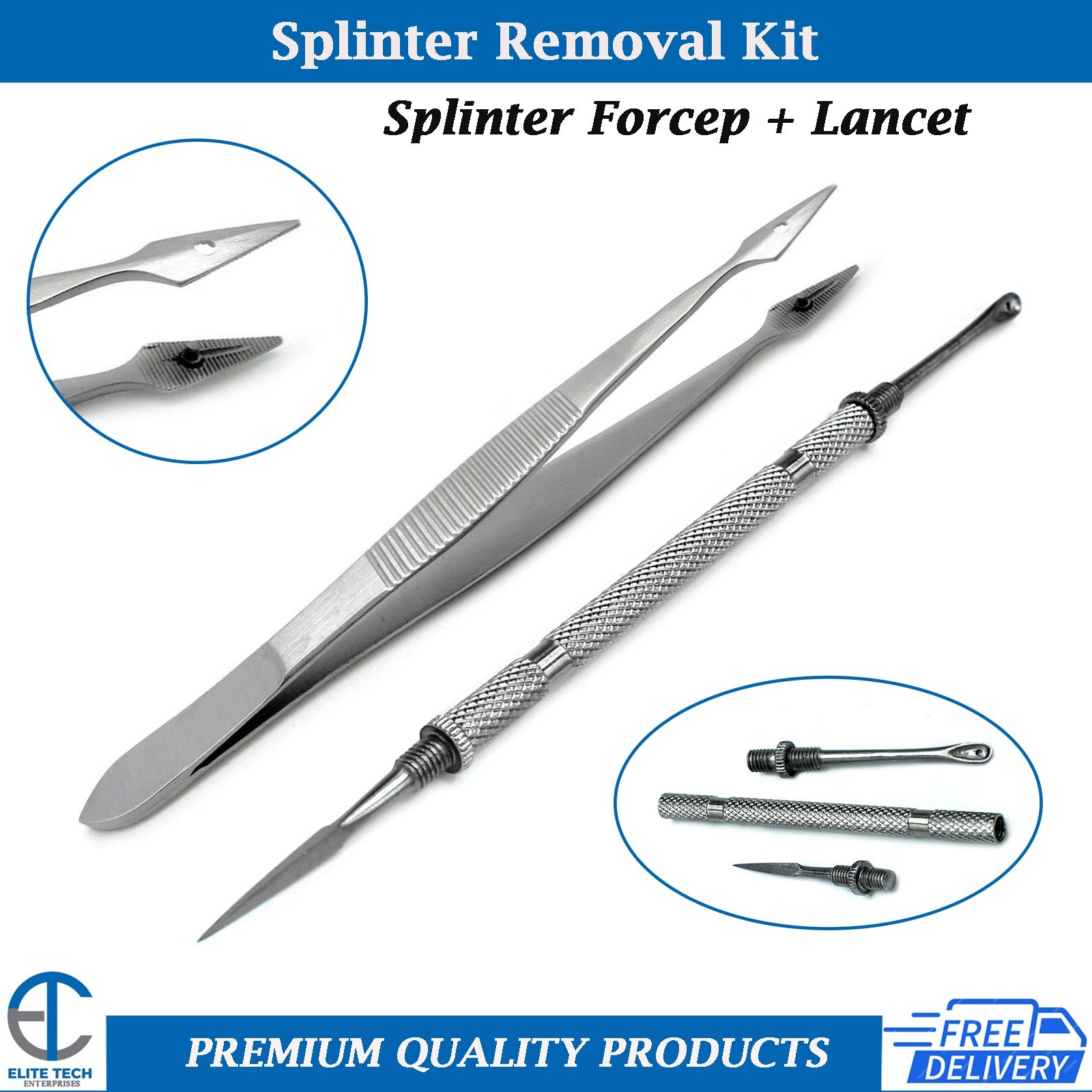 Set of 2 Splinter Removal Kit Tweezer Forceps & Lancet Tool for Splinters
