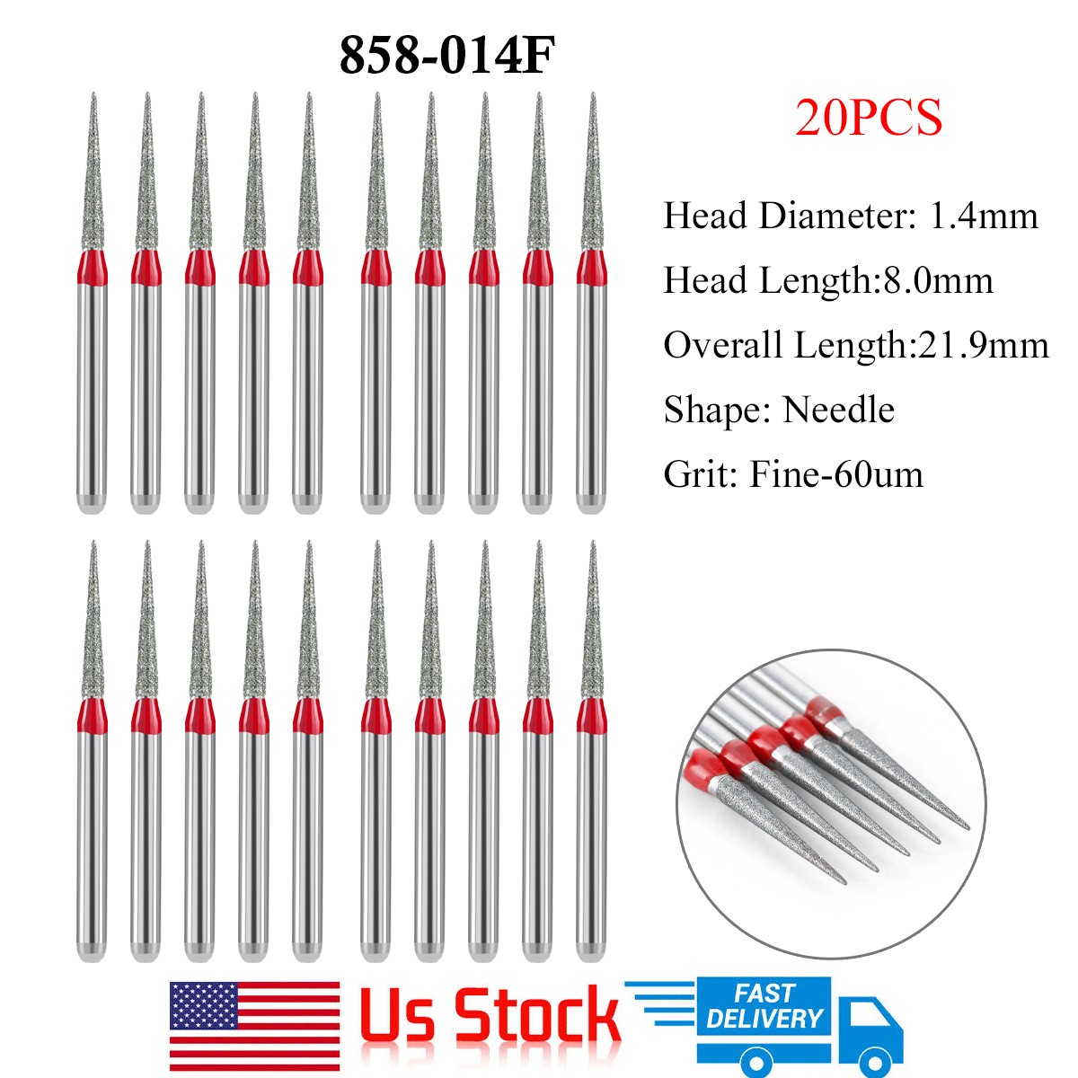 Dental FG 858 014F Needle Shape Diamond Burs Fine Grit/Extra Fine 20pc USA Stock