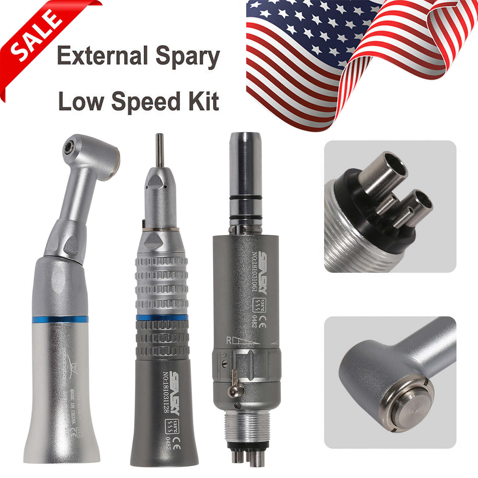 Dental Slow Low Speed Handpiece Contra Angle Straight Air Motor 2/4 Hole USPS