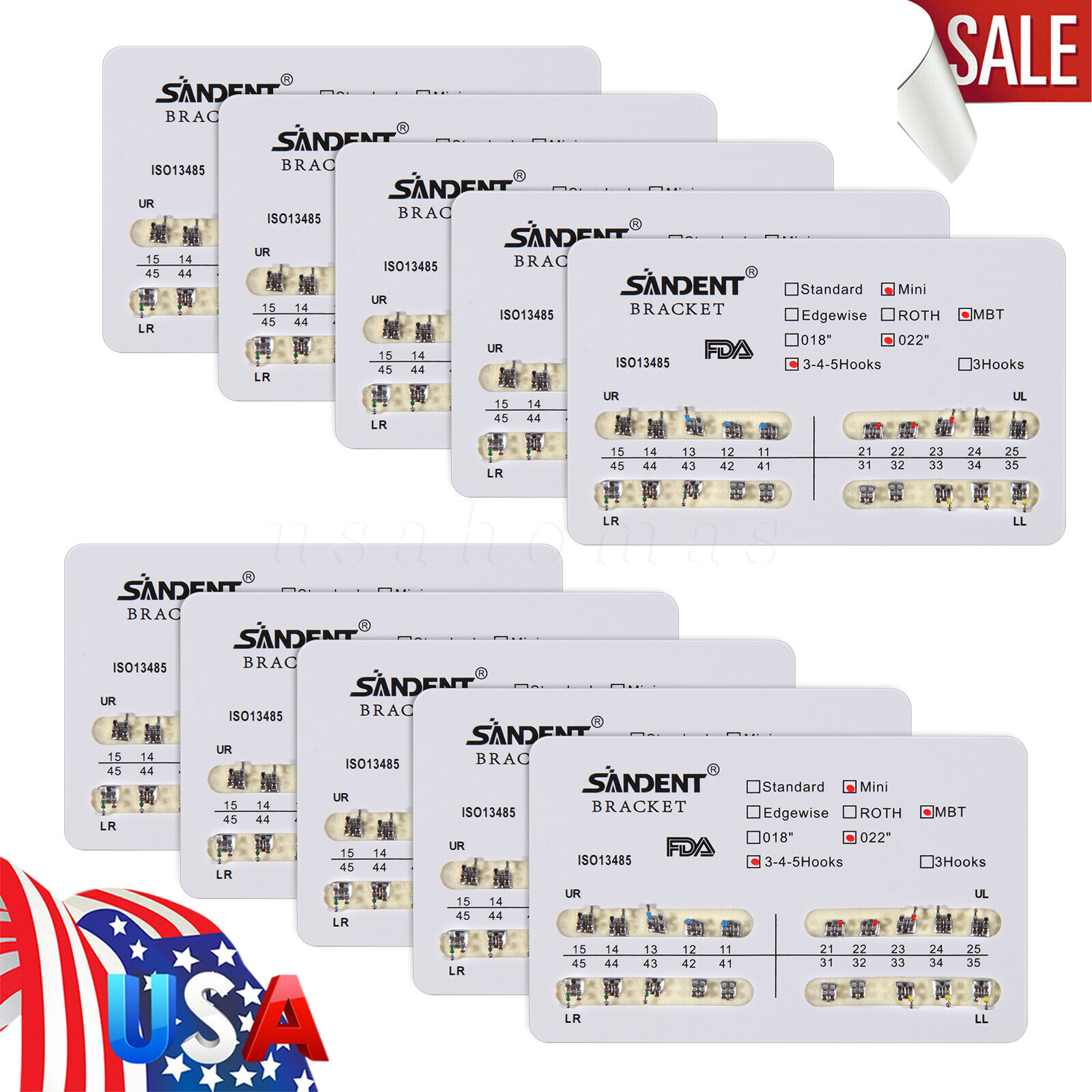 10 Packs/200 Pcs YOKA ORTHO Metal Mini MBT 022 Slot Bracket 3 4 5 Hooks #1 ZA