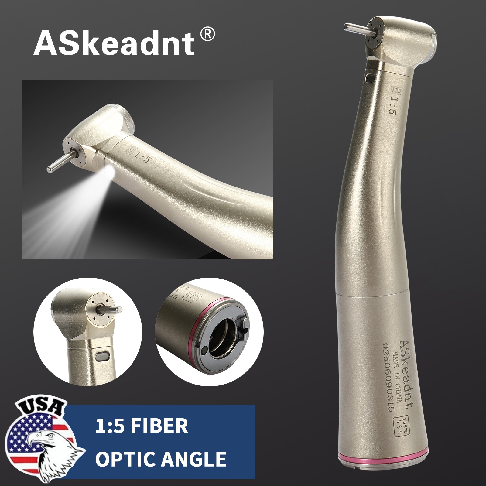 ELECTRIC ATTACHMENT 1:5 Dental Handpiece Fiber Optic 4 Sprays Red Ring
