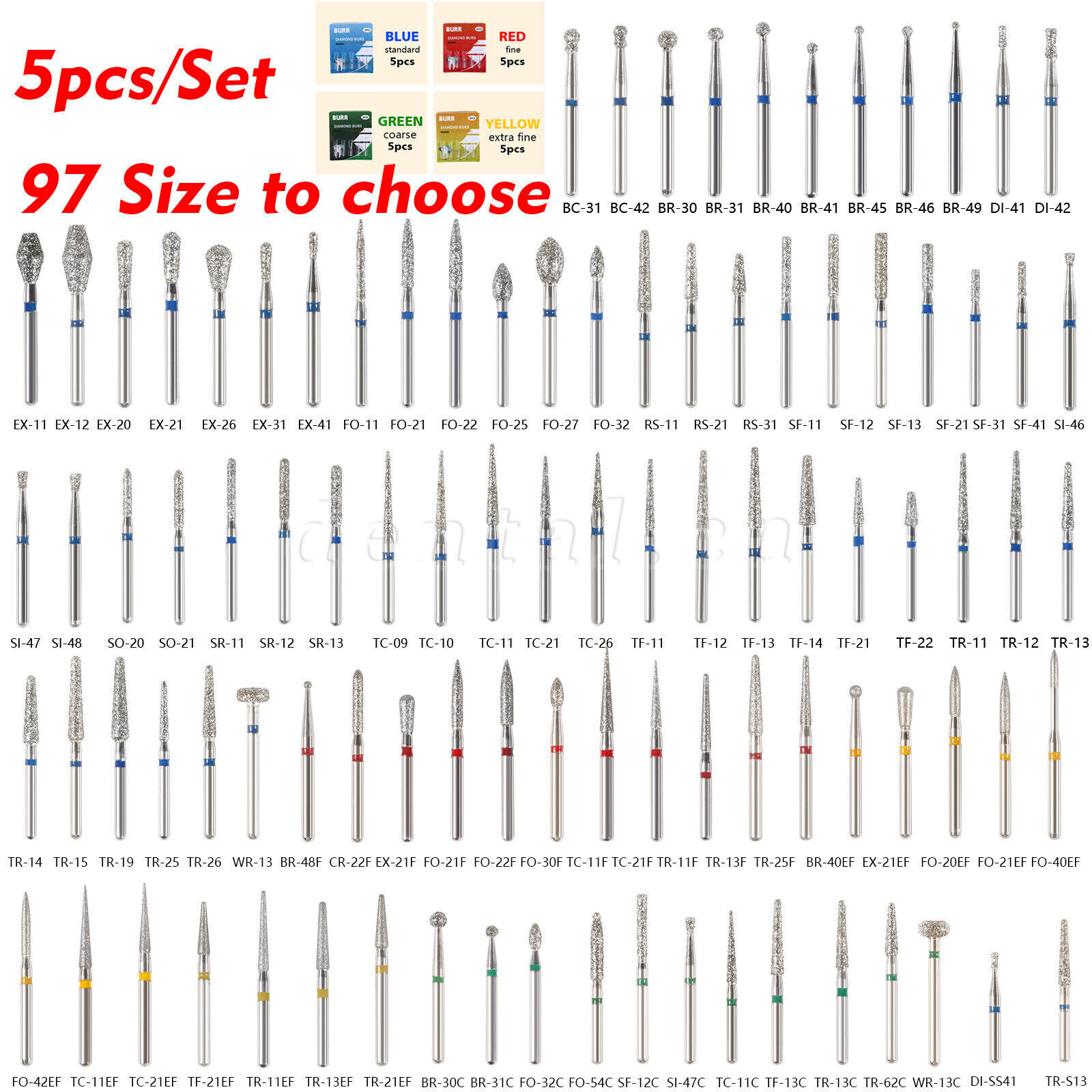 50 pcs Dental Turbine Diamond Burs For High Speed Handpiece Friction Grip Burs