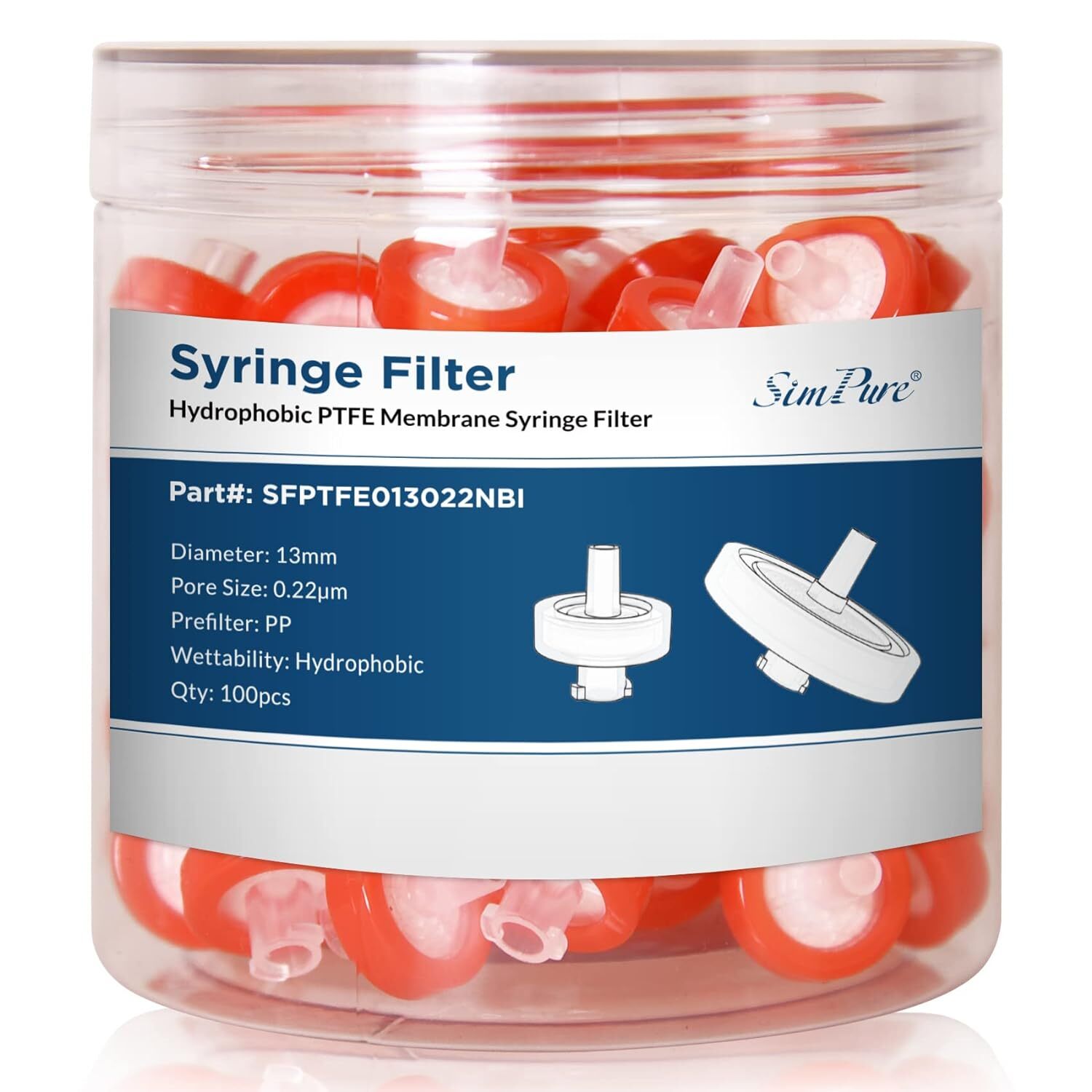 1000Pcs PTFE Membrane Syringe Filters 0.22μm 13mm Hydrophobic Luer Lock Red Disc