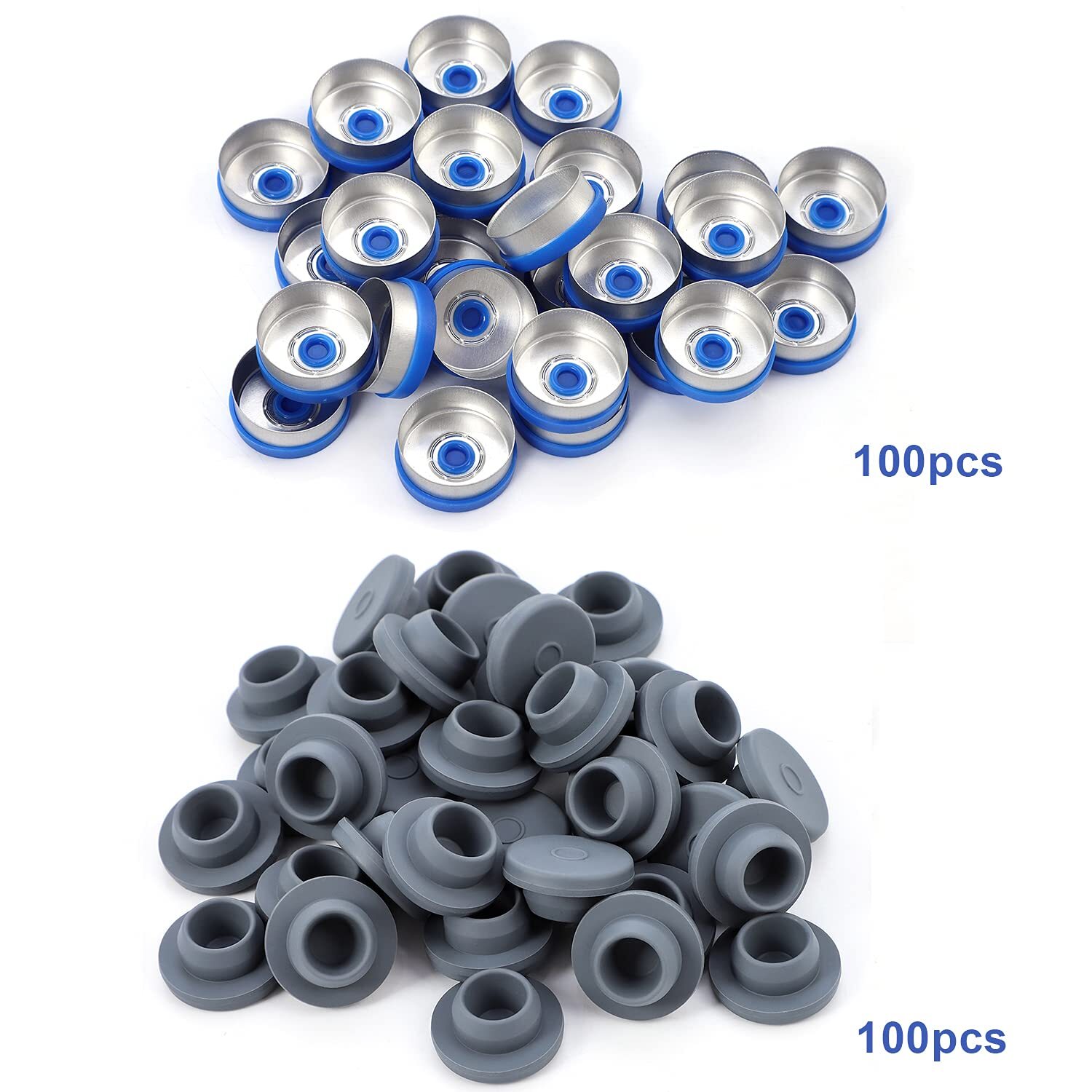 100pcs 10ml Vials Glass Clear with Plastic-Aluminum Caps and Rubber Stoppers USA