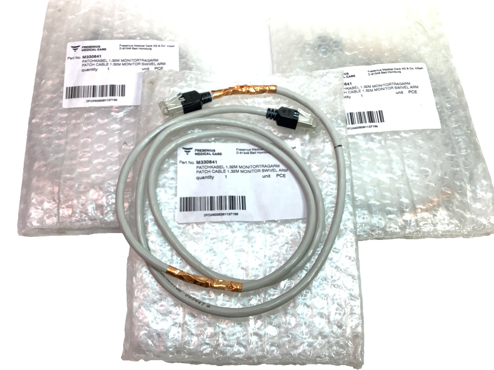Lot of 3 Fresenius Medical Care M330841 Monitor Swivel Arm Patch Cable 1.32M