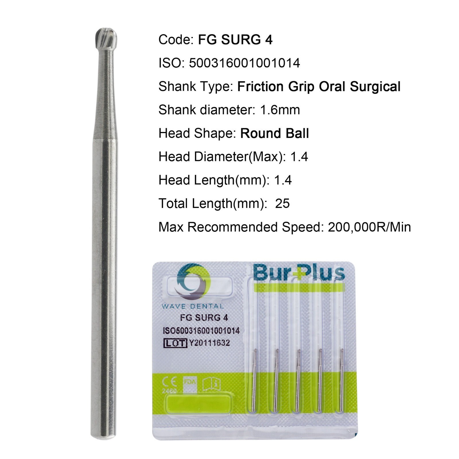 Wave Dental Surgical Carbide Burs 25mm Length Round FG SURG 1 2 3 4 5 6 8 FGOS