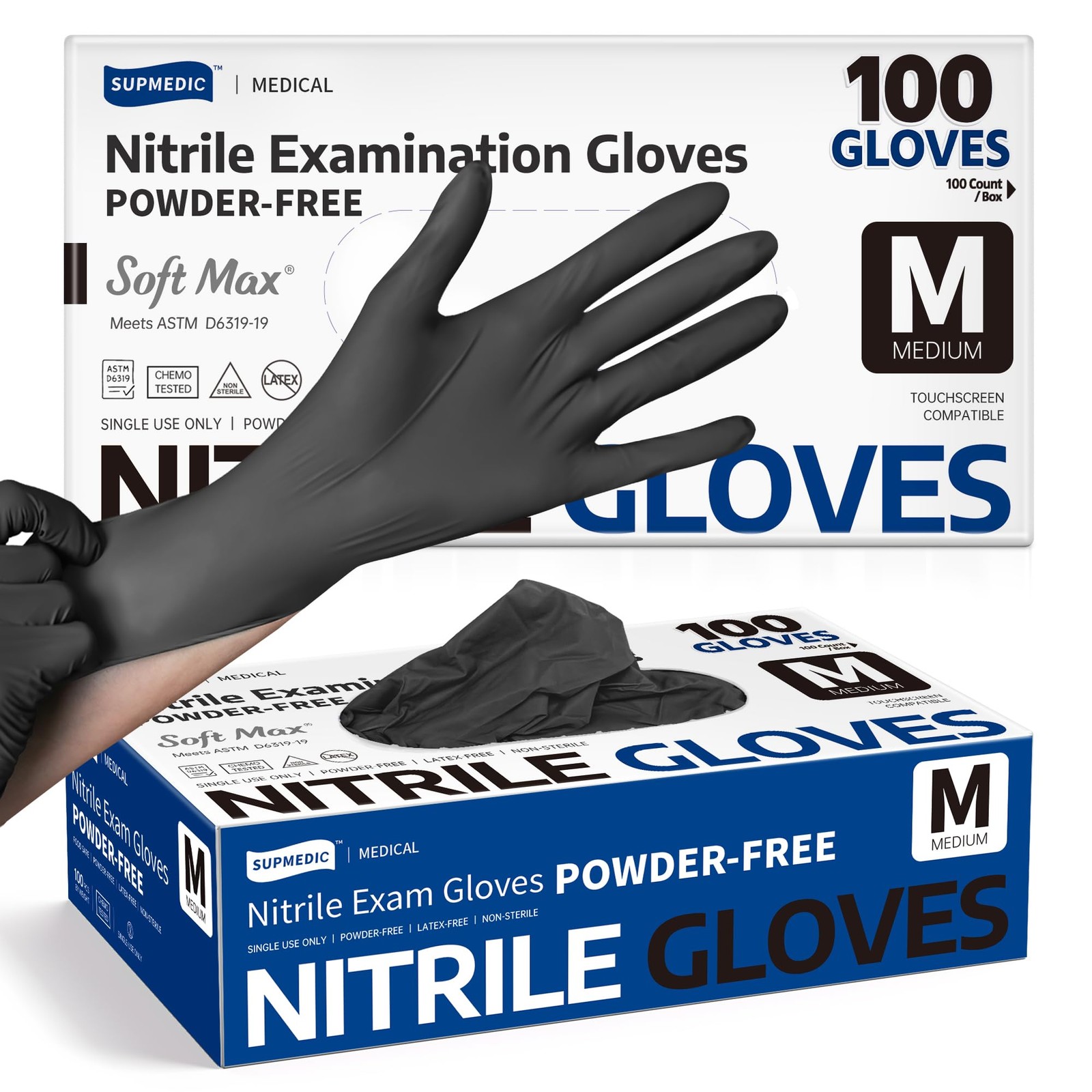 Supmedic Disposable Nitrile Gloves, Chemical Medium, Medium (Black)