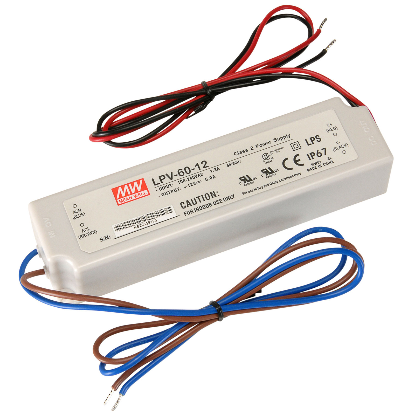 Mean Well MW LPV-60-12 12 VDC 5A Water Resistant AC Adapter IP67 Wire Leads